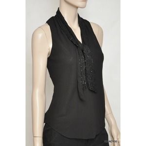 RALPH LAUREN Beaded Tie Scarf V-Neck Tank Top Blouse Tunic Black 2/8/12 Nwt$159